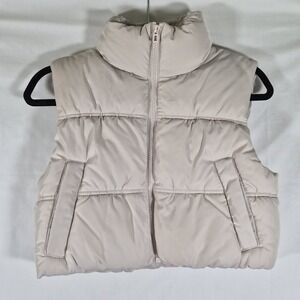 H&M Divided Cropped Puffer Vest Y2K Womens XXS Beige Quilted Bubble Zip Jacket